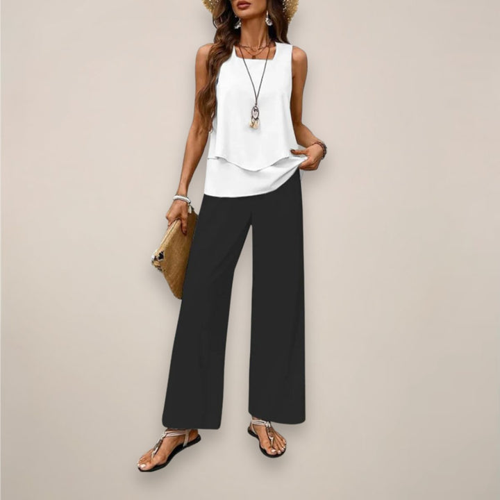 Women's Sleeveless Layered Square-Neck Two-Piece Set - White Black