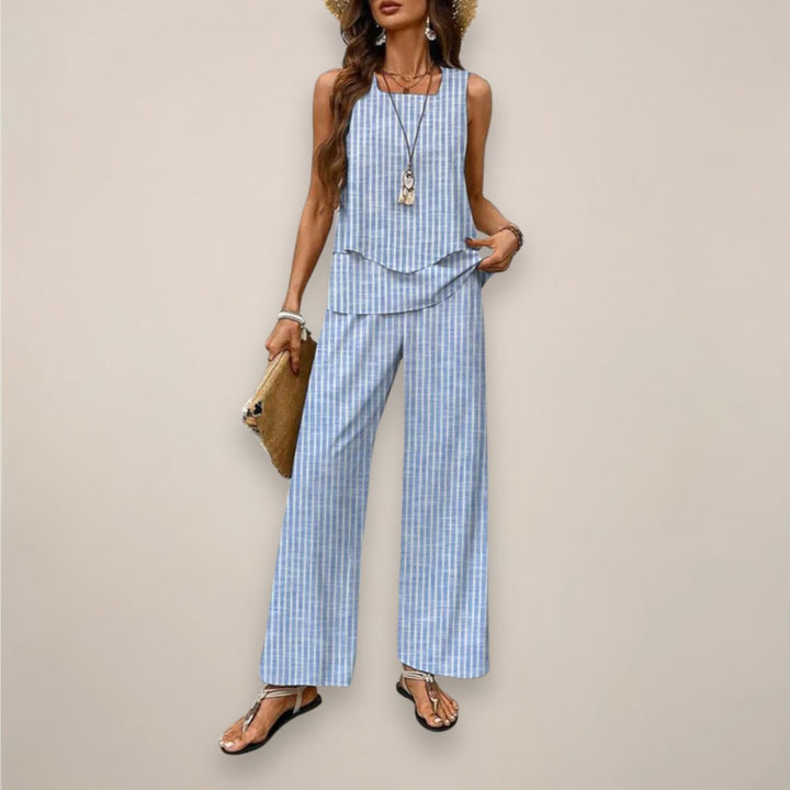 Women's Sleeveless Layered Square-Neck Two-Piece Set - Blue Stripes