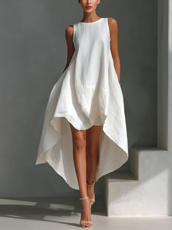 Women's Sleeveless Linen Asymmetric Handkerchief-Hem Midi Dress - White