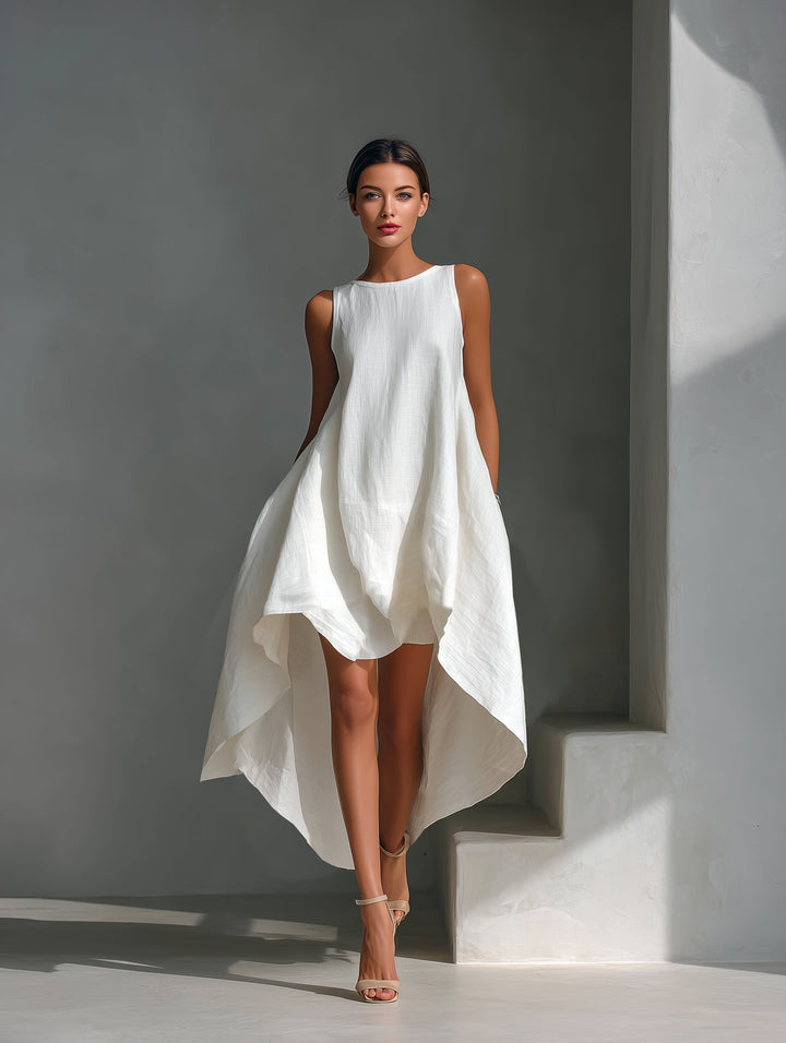 Women's Sleeveless Linen Asymmetric Handkerchief-Hem Midi Dress