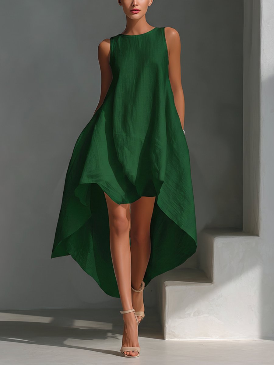 Women's Sleeveless Linen Asymmetric Handkerchief-Hem Midi Dress - Green