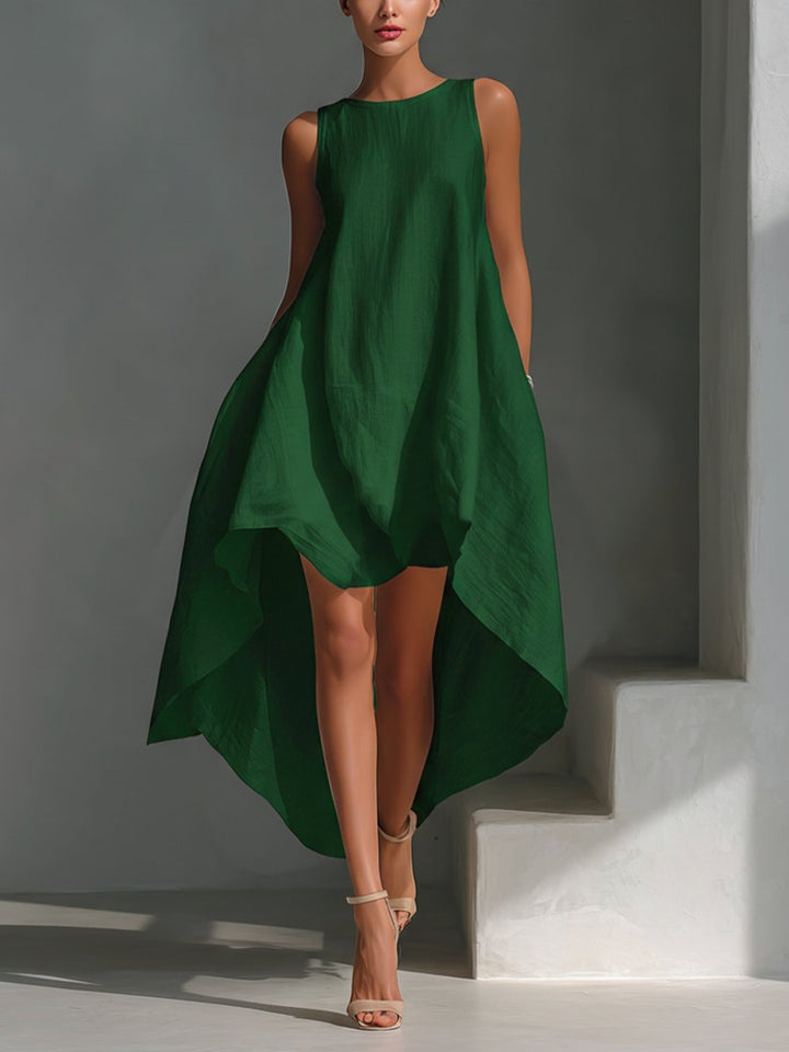 Women's Sleeveless Linen Asymmetric Handkerchief-Hem Midi Dress - Green