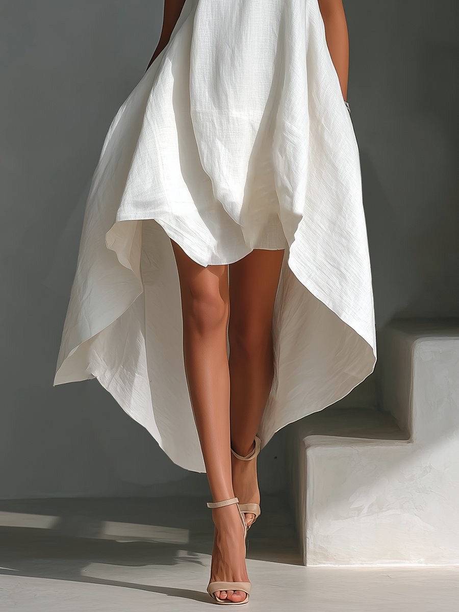 Women's Sleeveless Linen Asymmetric Handkerchief-Hem Midi Dress