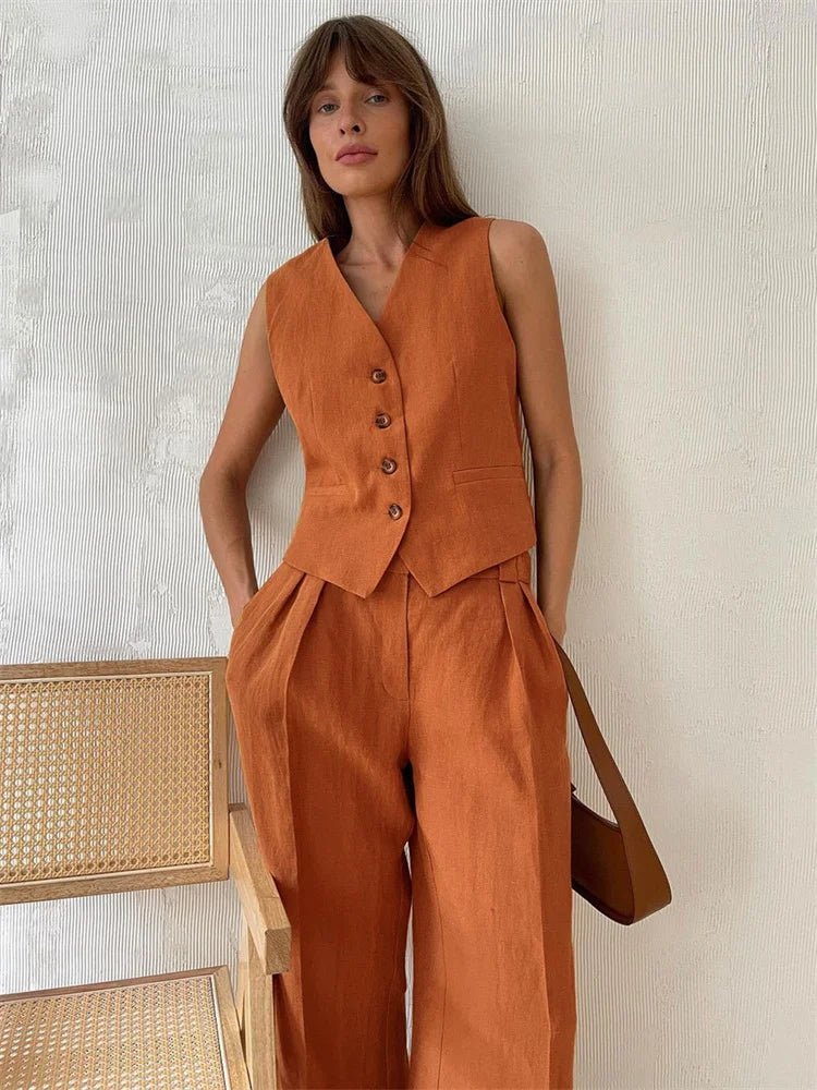 Women's Sleeveless Linen Button-Front Vest Wide-Leg Pants Set - Orange