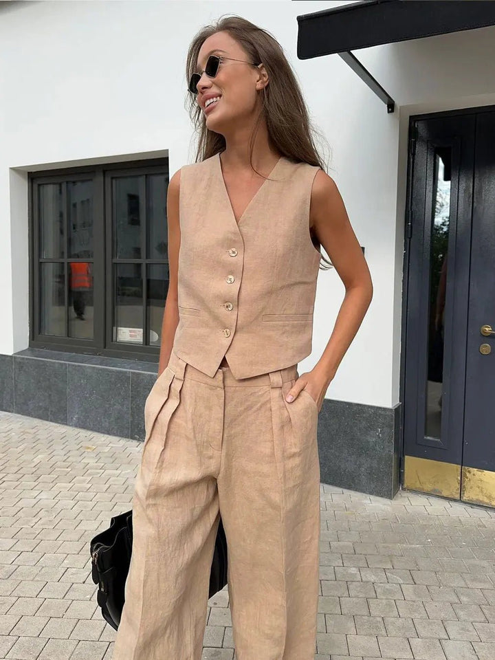 Women's Sleeveless Linen Button-Front Vest Wide-Leg Pants Set