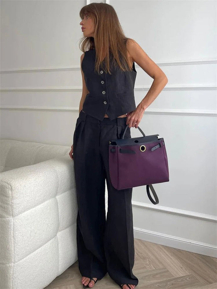 Women's Sleeveless Linen Button-Front Vest Wide-Leg Pants Set