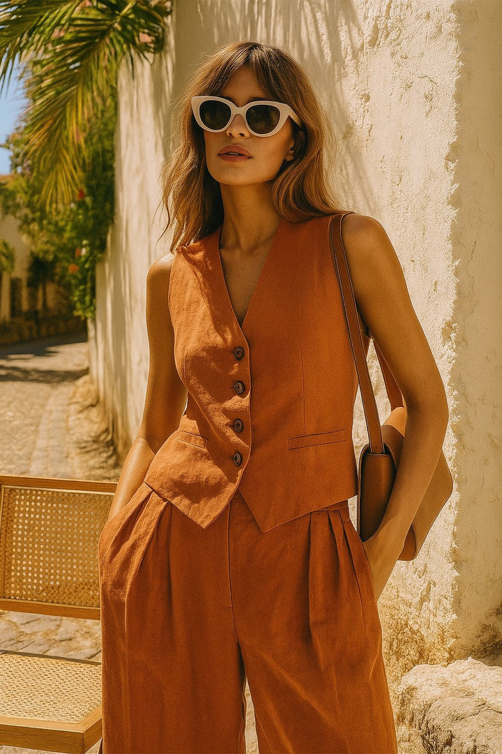Women's Sleeveless Linen Button-Front Vest Wide-Leg Pants Set