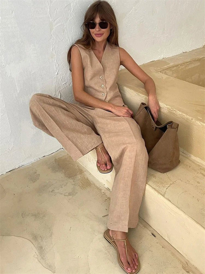 Women's Sleeveless Linen Button-Front Vest Wide-Leg Pants Set - Beige