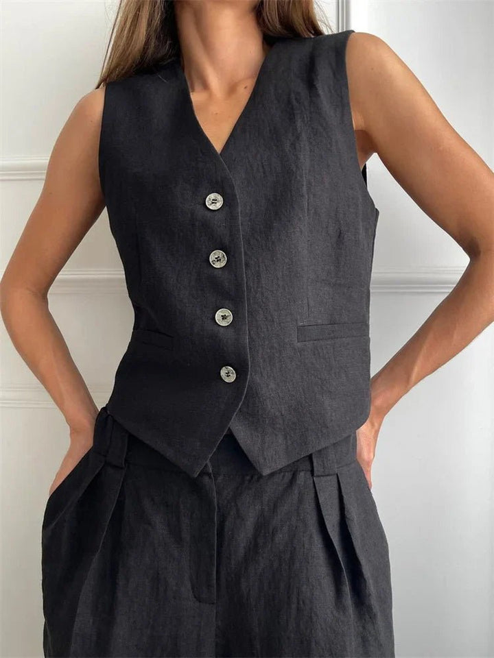 Women's Sleeveless Linen Button-Front Vest Wide-Leg Pants Set - Black