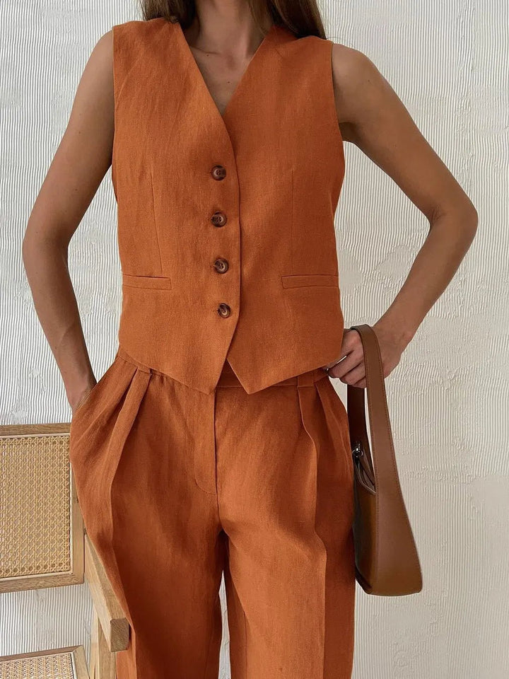 Women's Sleeveless Linen Button-Front Vest Wide-Leg Pants Set