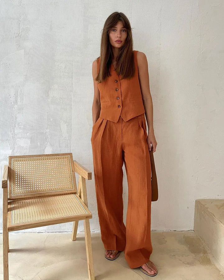 Women's Sleeveless Linen Button-Front Vest Wide-Leg Pants Set