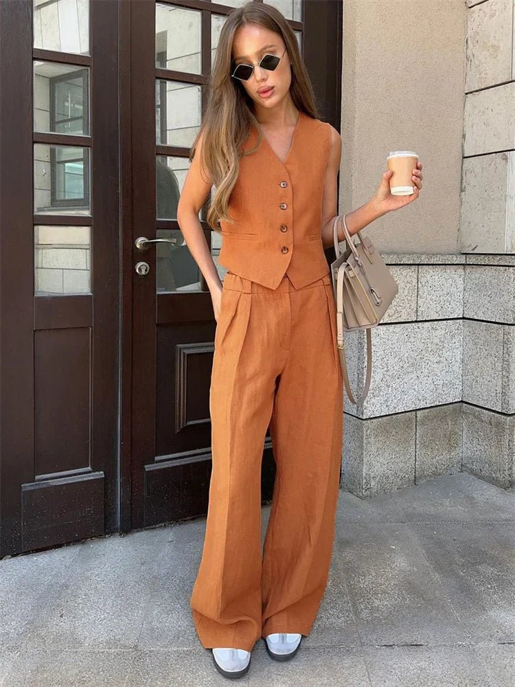 Women's Sleeveless Linen Button-Front Vest Wide-Leg Pants Set