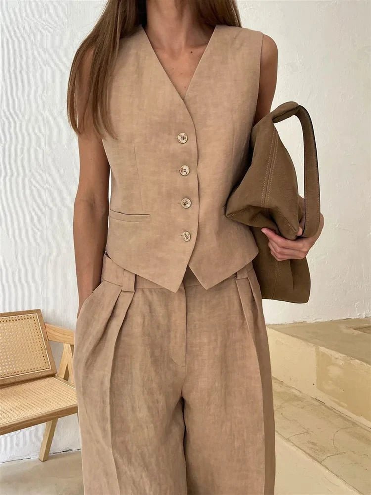 Women's Sleeveless Linen Button-Front Vest Wide-Leg Pants Set