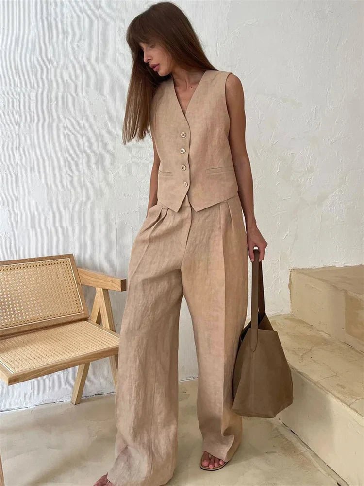 Women's Sleeveless Linen Button-Front Vest Wide-Leg Pants Set