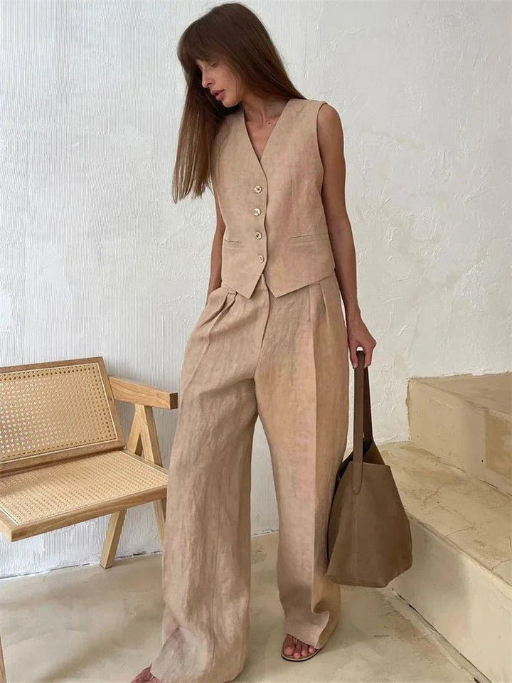 Women's Sleeveless Linen Button-Front Vest Wide-Leg Pants Set