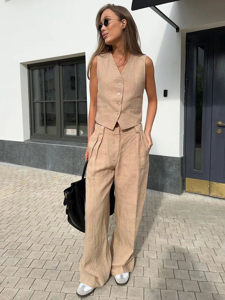 Women's Sleeveless Linen Button-Front Vest Wide-Leg Pants Set