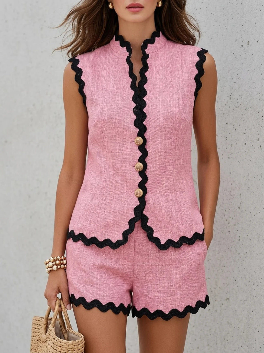 Women's Sleeveless Linen Two-Piece Shorts Set - Pink
