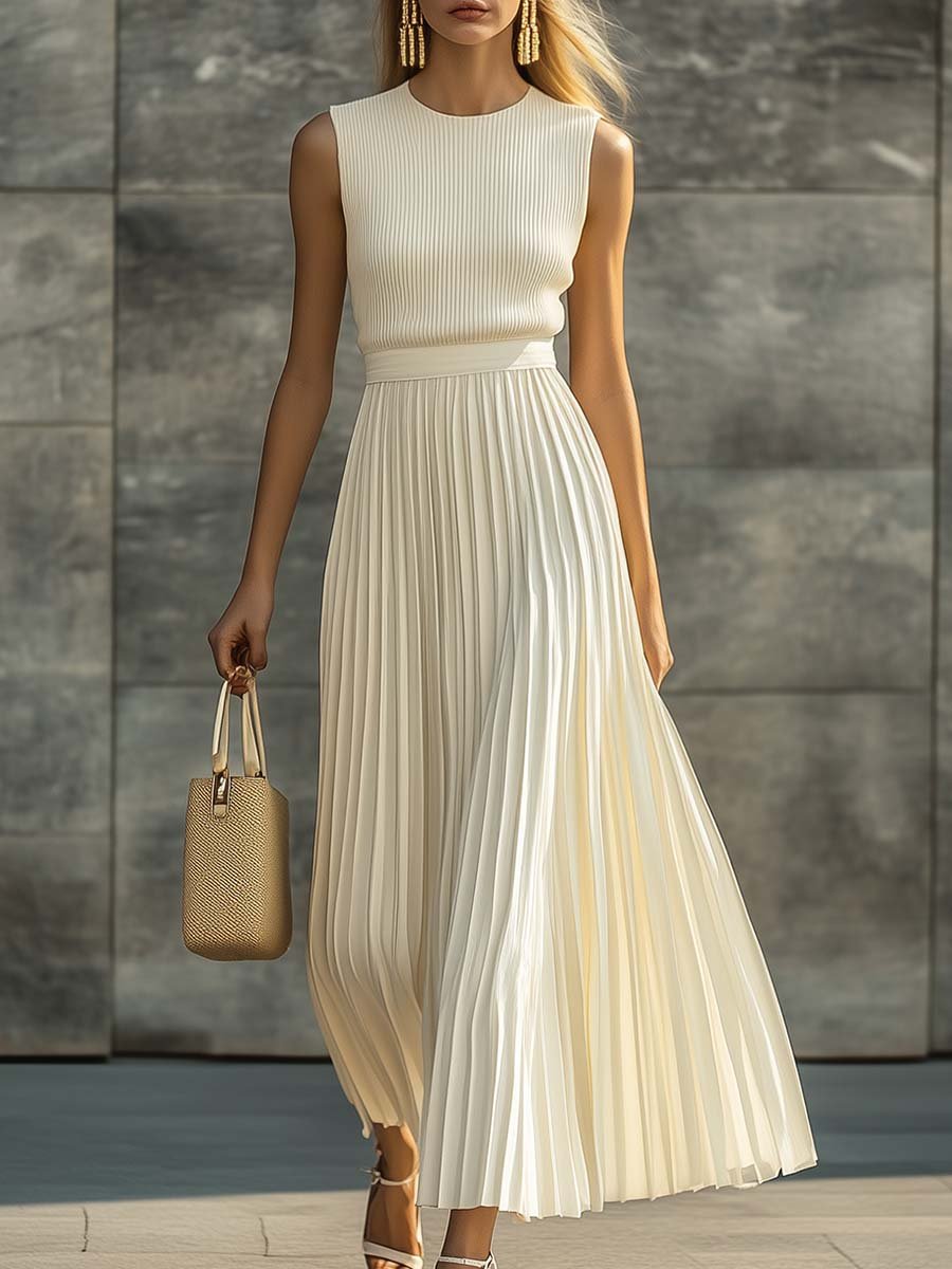 Women's Sleeveless Ribbed Knit Pleated Chiffon Maxi Dress - Cream