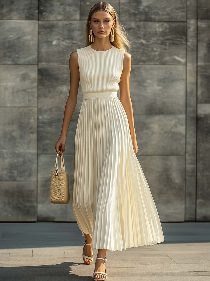 Women's Sleeveless Ribbed Knit Pleated Chiffon Maxi Dress