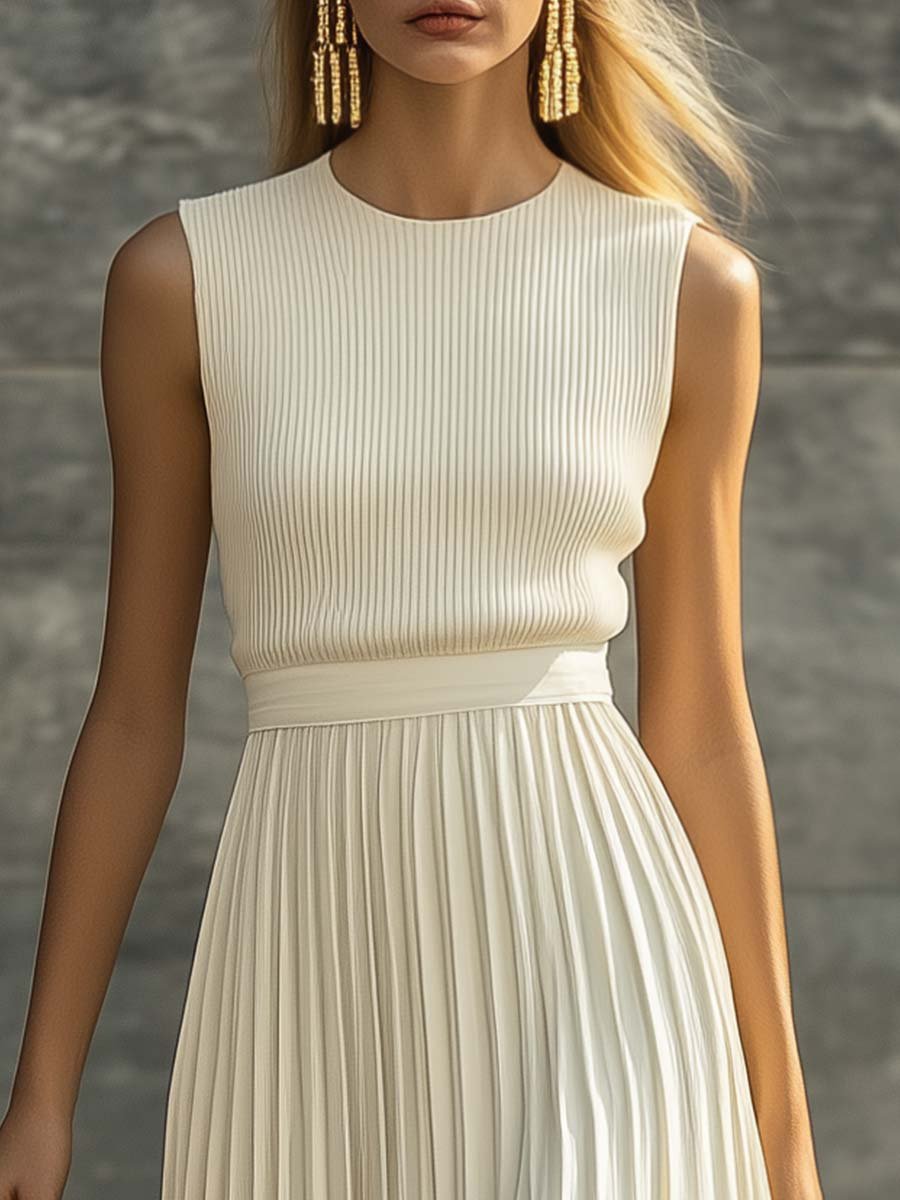 Women's Sleeveless Ribbed Knit Pleated Chiffon Maxi Dress