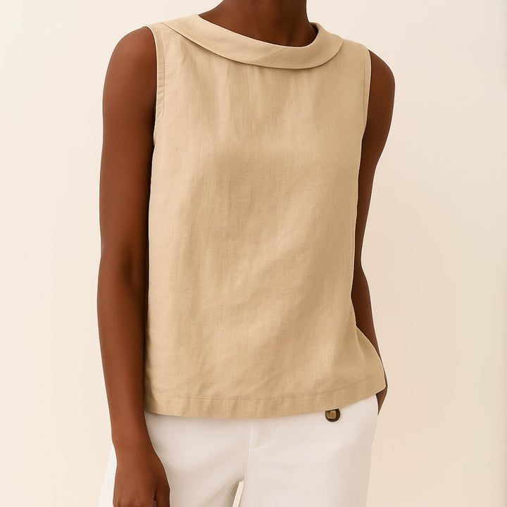 Women's Sleeveless Roll Neck Linen Blouse - Beige
