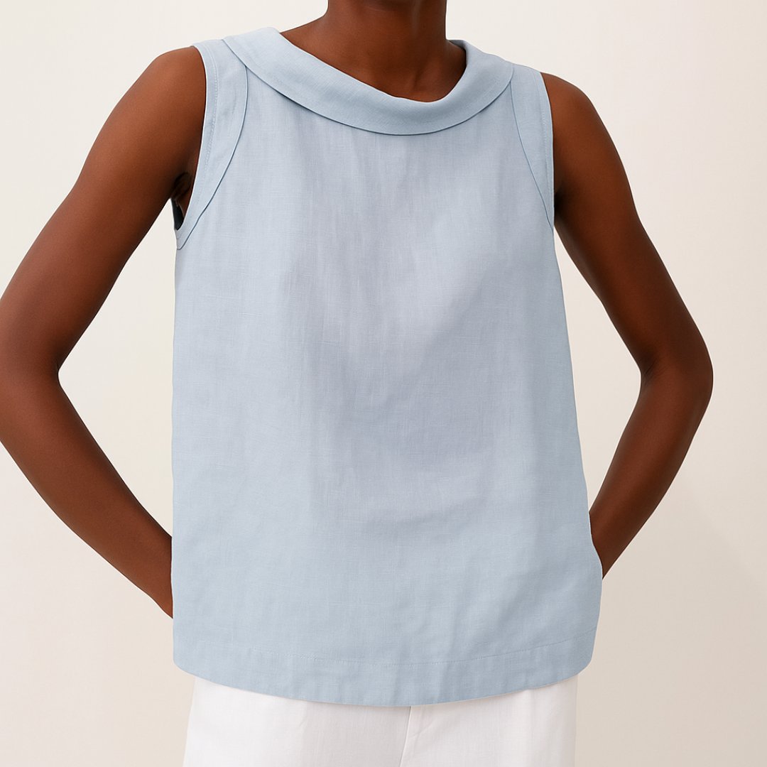 Women's Sleeveless Roll Neck Linen Blouse - Blue