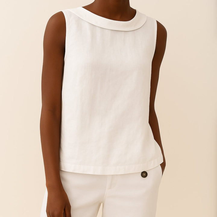 Women's Sleeveless Roll Neck Linen Blouse - White