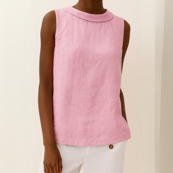 Women's Sleeveless Roll Neck Linen Blouse - Pink