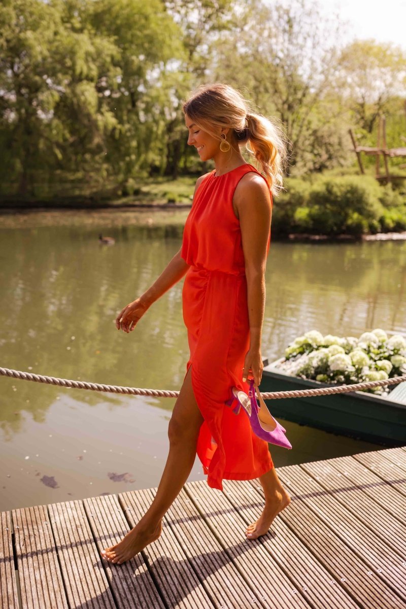 Women's Sleeveless Round Neck Side-Slit Midi Dress
