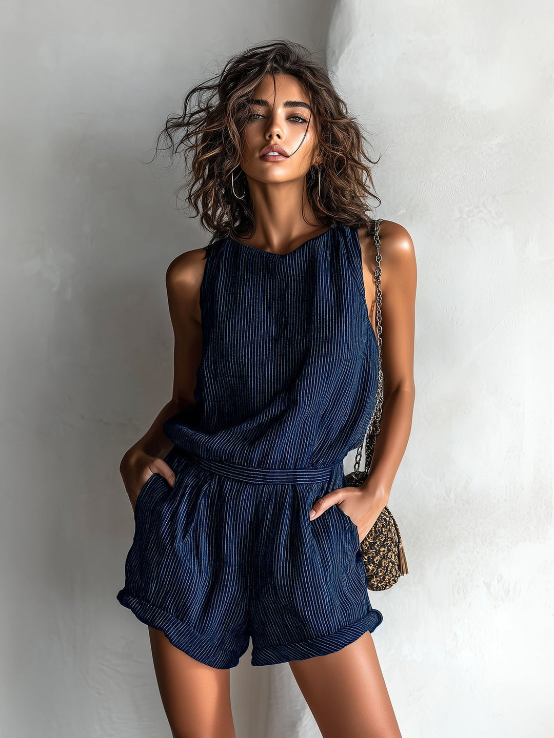 Women's Sleeveless Striped Linen-Blend Boat Neck Romper