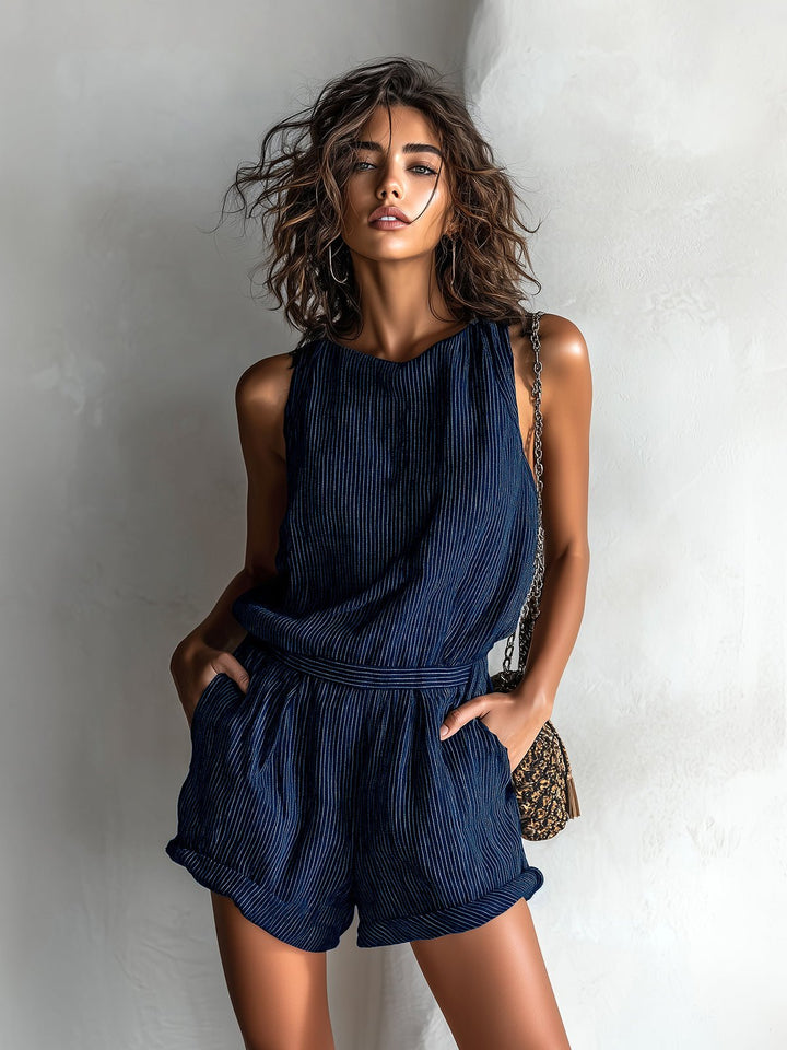 Women's Sleeveless Striped Linen-Blend Boat Neck Romper