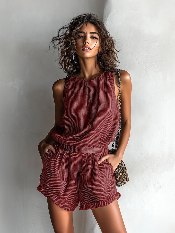 Women's Sleeveless Striped Linen-Blend Boat Neck Romper