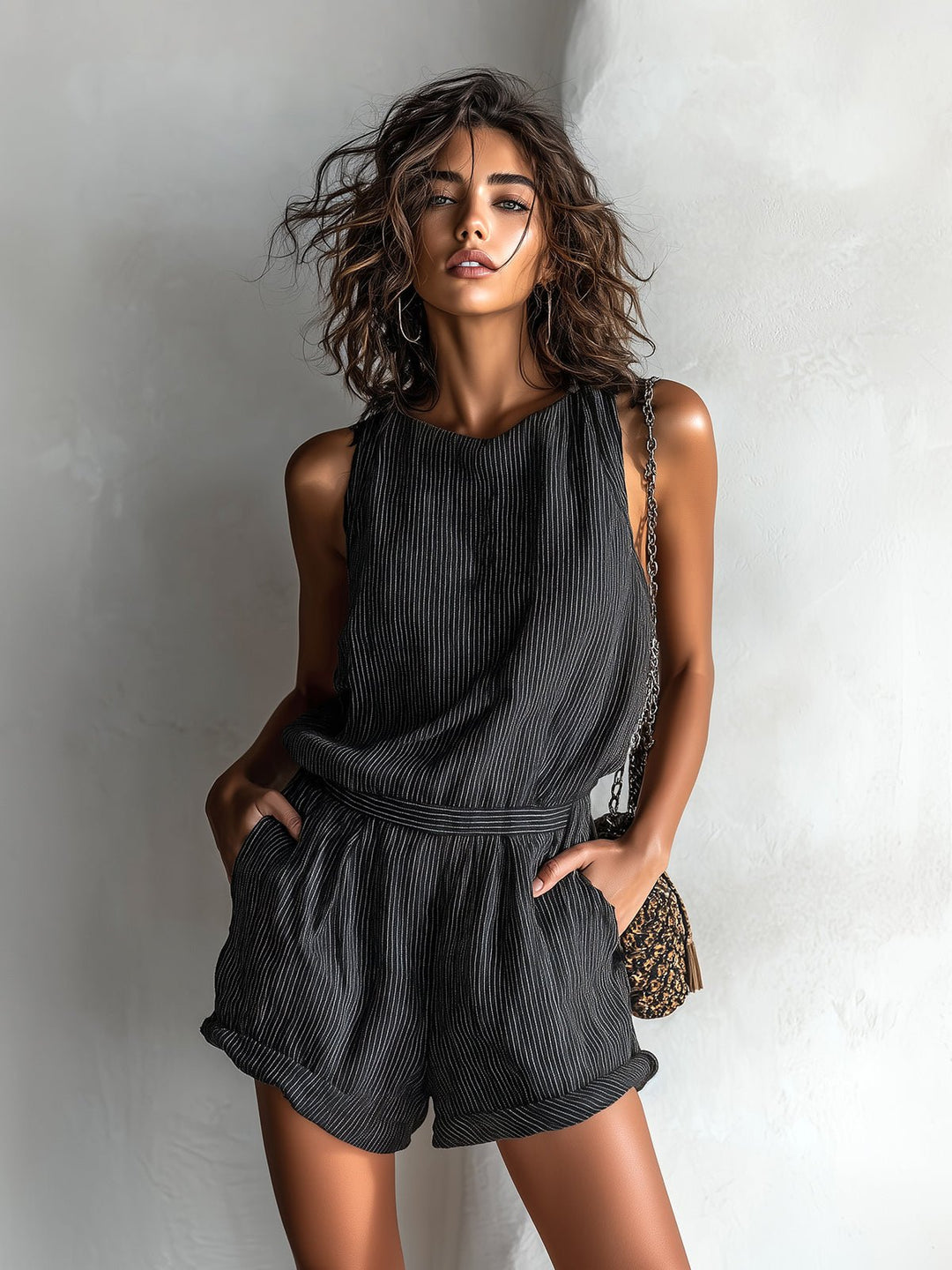 Women's Sleeveless Striped Linen-Blend Boat Neck Romper