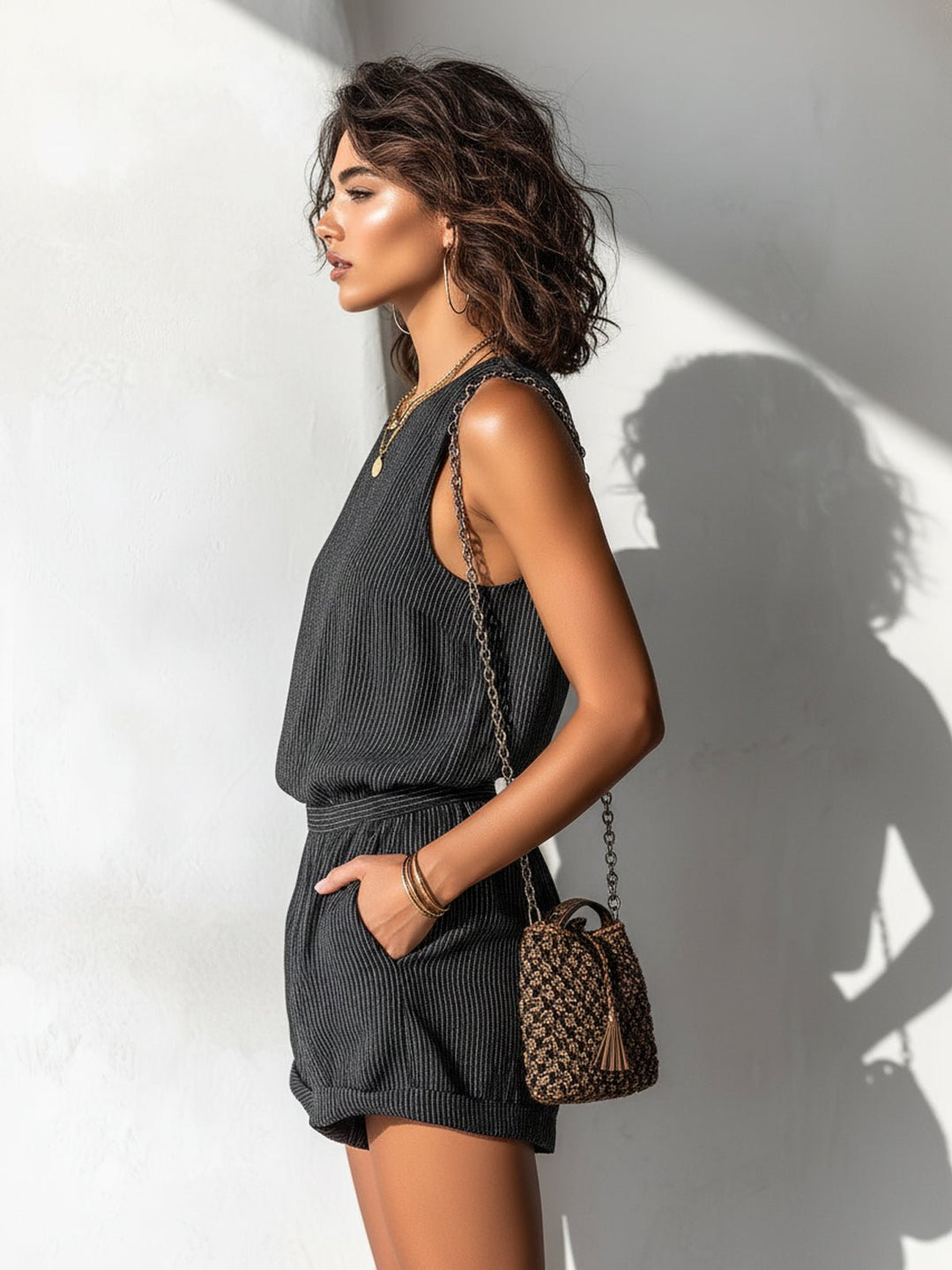 Women's Sleeveless Striped Linen-Blend Boat Neck Romper