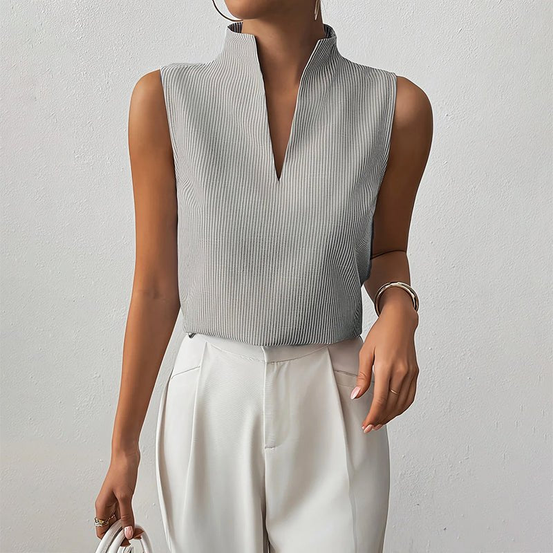 Women's Sleeveless Striped V-Neck Stand Collar Blouse - Gray