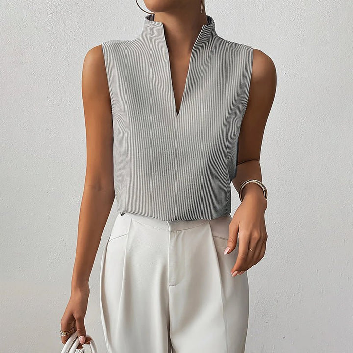 Women's Sleeveless Striped V-Neck Stand Collar Blouse - Gray