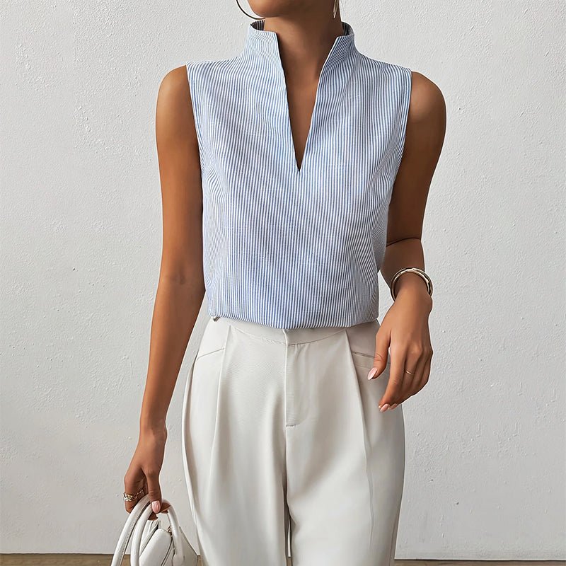 Women's Sleeveless Striped V-Neck Stand Collar Blouse - Blue