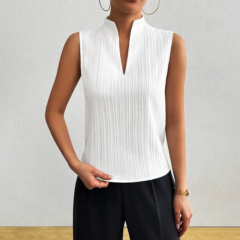 Women's Sleeveless Striped V-Neck Stand Collar Blouse - White