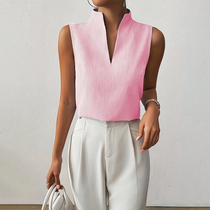 Women's Sleeveless Striped V-Neck Stand Collar Blouse - Pink