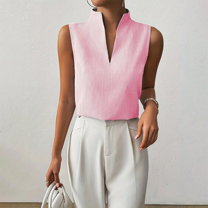 Women's Sleeveless Striped V-Neck Stand Collar Blouse - Pink