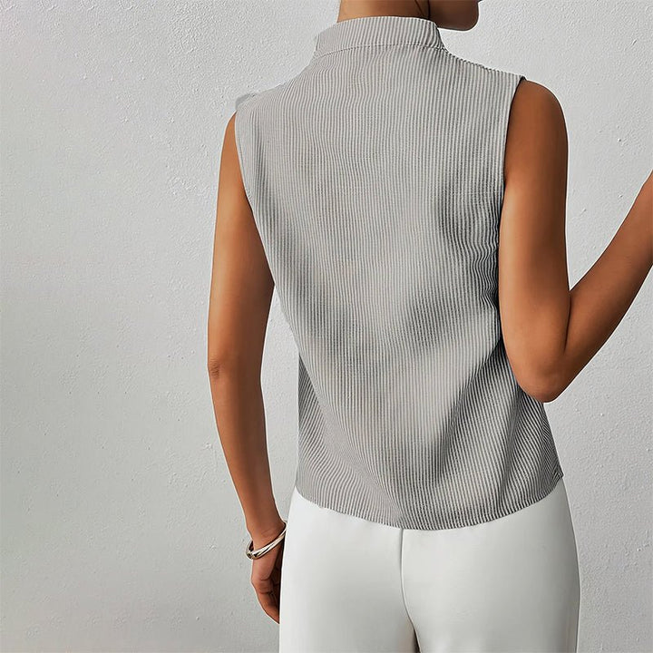 Women's Sleeveless Striped V-Neck Stand Collar Blouse