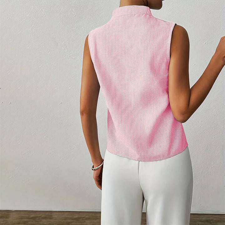 Women's Sleeveless Striped V-Neck Stand Collar Blouse