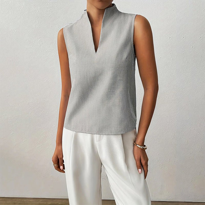 Women's Sleeveless Striped V-Neck Stand Collar Blouse