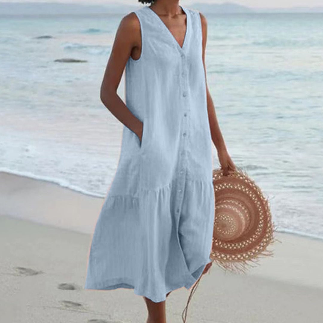 Women's Sleeveless V-Neck Button-Front Linen Midi Dress - Blue