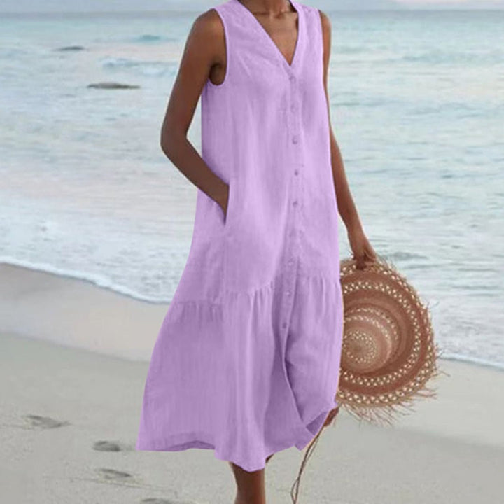 Women's Sleeveless V-Neck Button-Front Linen Midi Dress - Purple