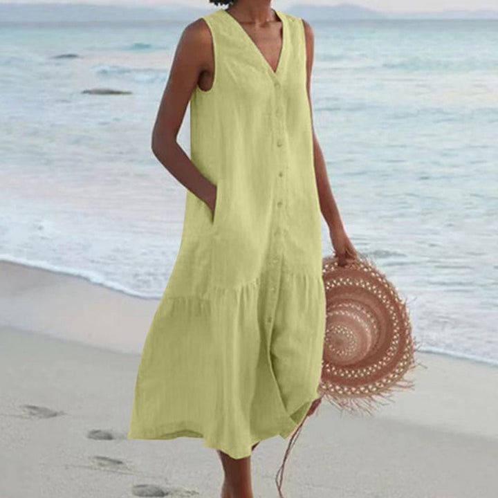 Women's Sleeveless V-Neck Button-Front Linen Midi Dress - Green