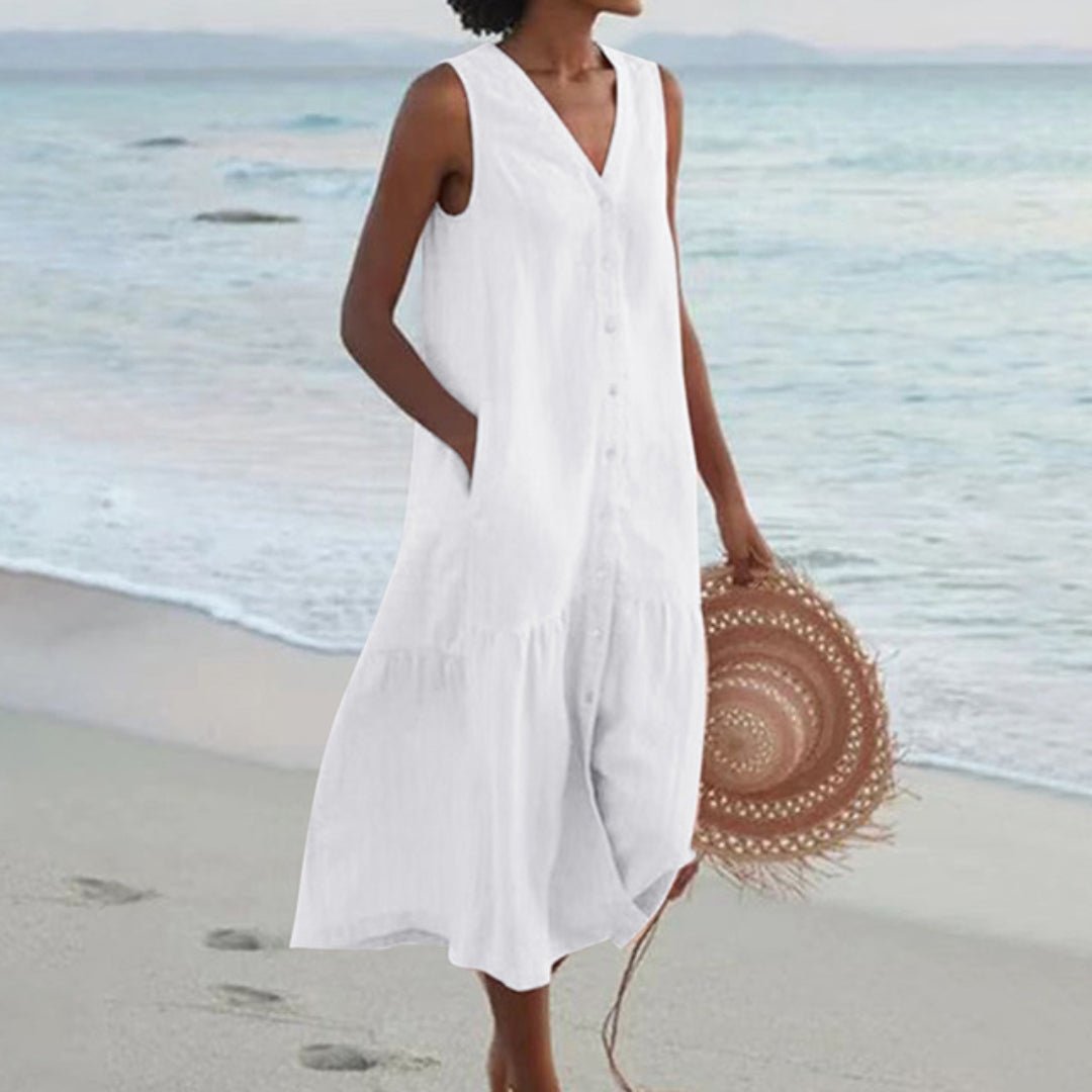 Women's Sleeveless V-Neck Button-Front Linen Midi Dress - White