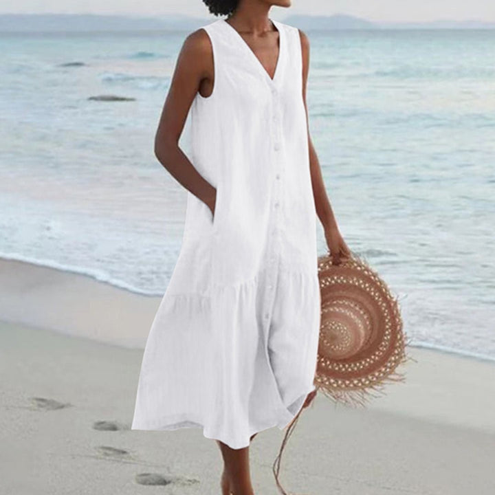 Women's Sleeveless V-Neck Button-Front Linen Midi Dress - White