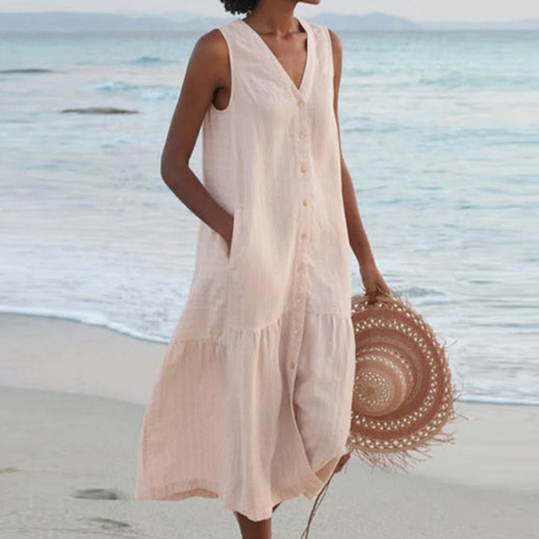 Women's Sleeveless V-Neck Button-Front Linen Midi Dress - Beige