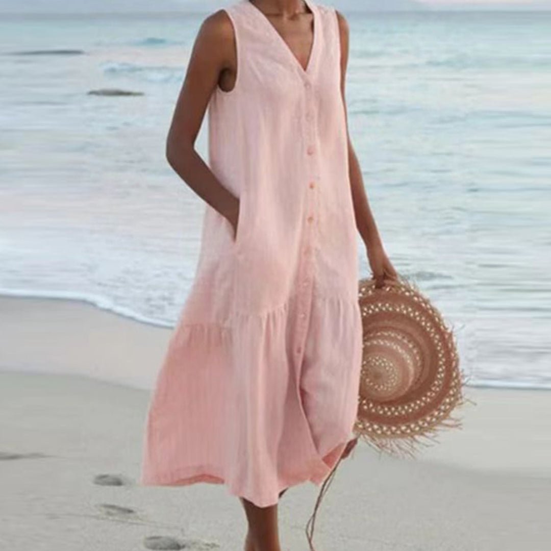 Women's Sleeveless V-Neck Button-Front Linen Midi Dress - Pink